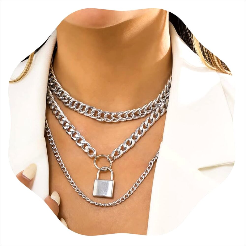 Alloy Chunky Chain Necklace Set with Lock Pendant Punk Layered